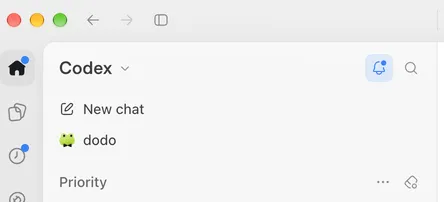 Codex sidebar showing Dot named dodo