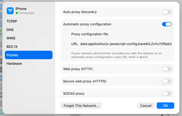 macOS proxy settings with automatic proxy configuration enabled
