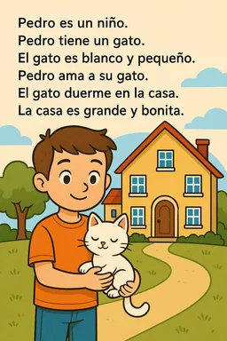Pedro es un niño.
Pedro tiene un gato. El gato es blanco y pequeño.
Pedro ama a su gato.
El gato duerme en la casa.
La casa es grande y bonita.