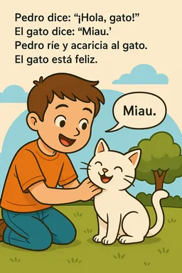 Pedro es un niño.
Pedro tiene un gato. El gato es blanco y pequeño.
Pedro ama a su gato.
El gato duerme en la casa.
La casa es grande y bonita.
