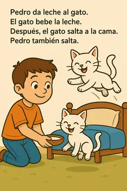 Pedro da leche al gato.
El gato bebe la leche.
Después, el gato salta a la cama.
Pedro también salta.