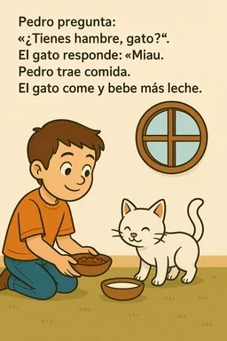 Pedro pregunta: “¿Tienes hambre, gato?”
El gato responde: “Miau.”
Pedro trae comida.
El gato come y bebe más leche.