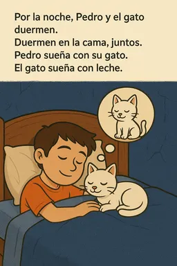 Por la noche, Pedro y el gato duermen.
Duermen en la cama, juntos.
Pedro sueña con su gato.
El gato sueña con leche.