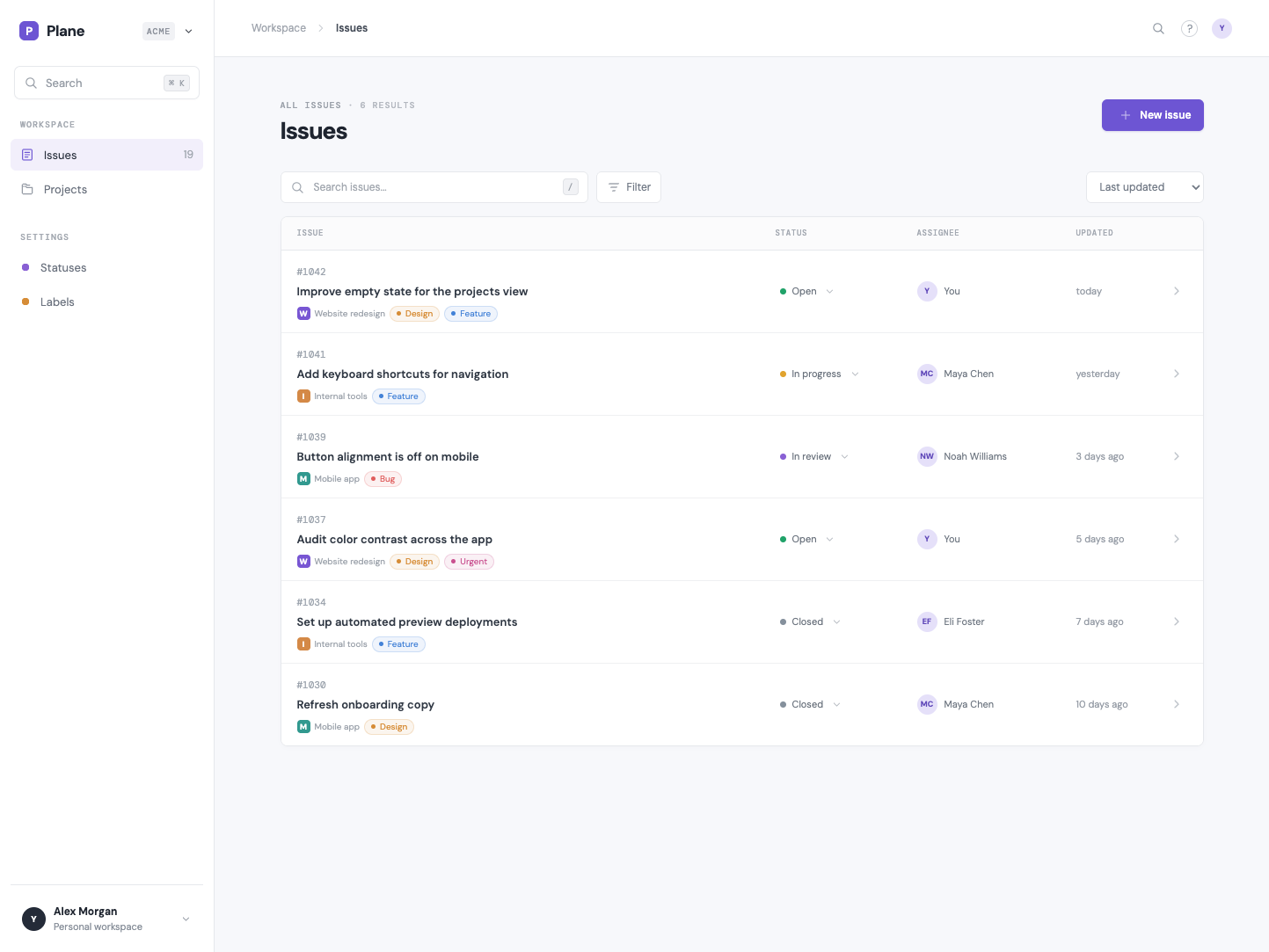 Luna at high reasoning: a spacious green-accented issue tracker with a simple list and sidebar.