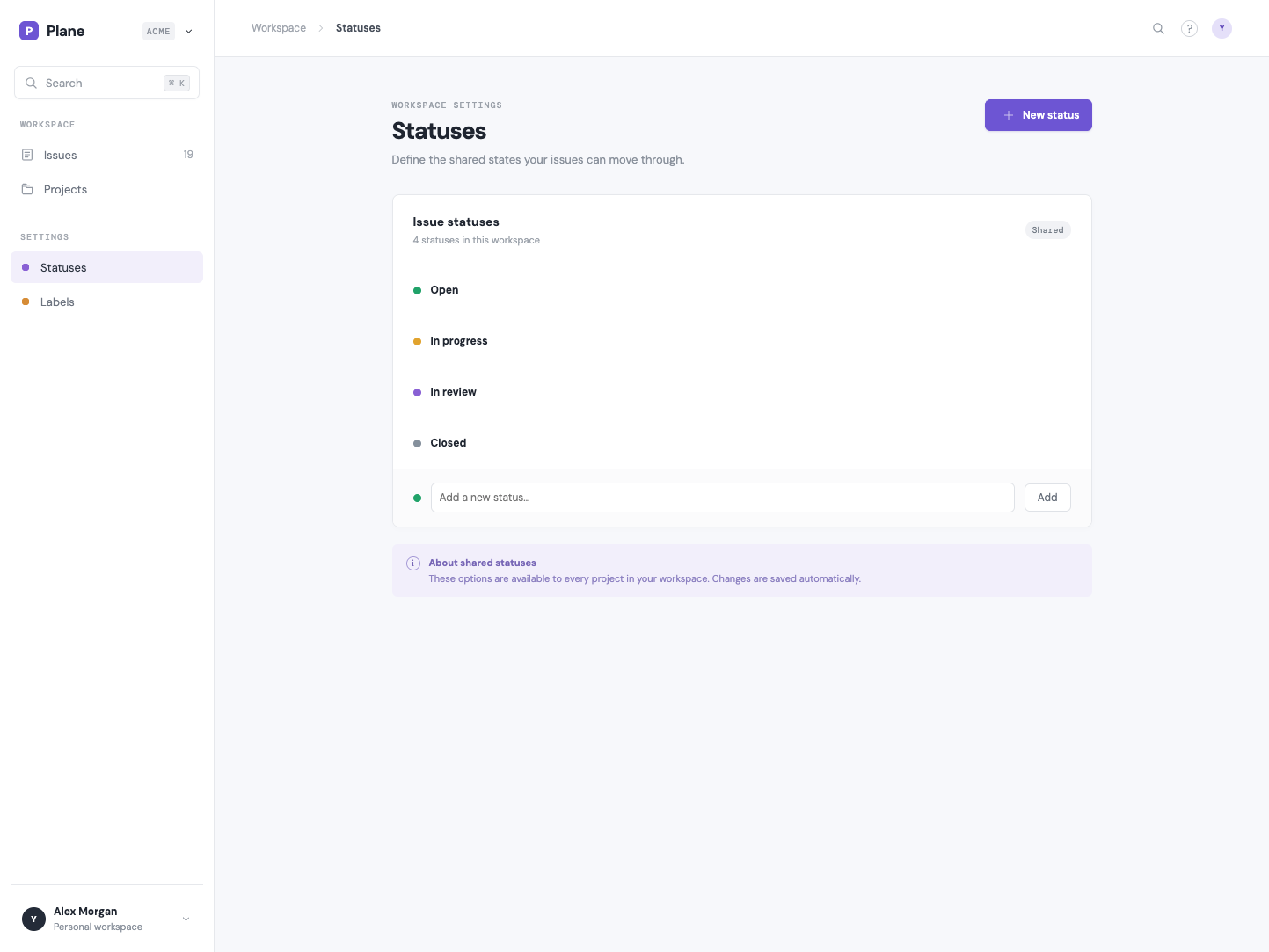 Luna high status settings page with a simple status list and add status control.