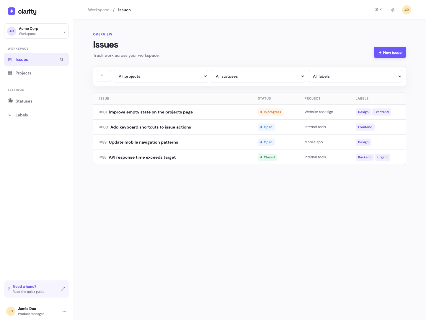 Luna at low reasoning: a purple-accented issue tracker with a compact issue table.
