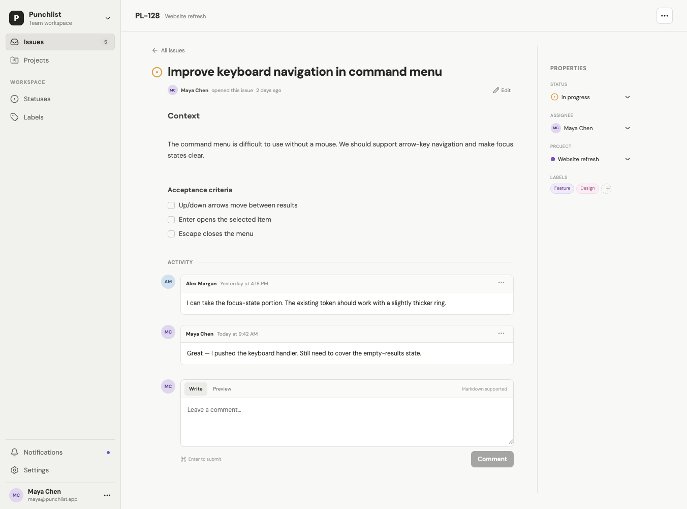 Sol medium issue detail page with comments and a property sidebar.