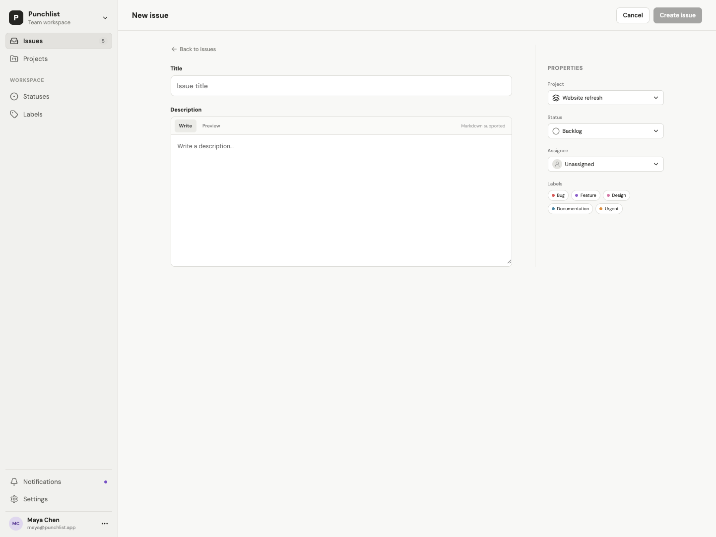 Sol medium new issue screen with markdown editor, properties panel and purple save action.