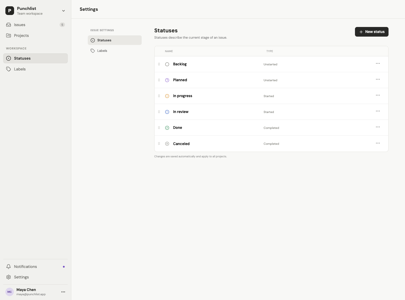 Sol medium status settings page with status rows and remove buttons.