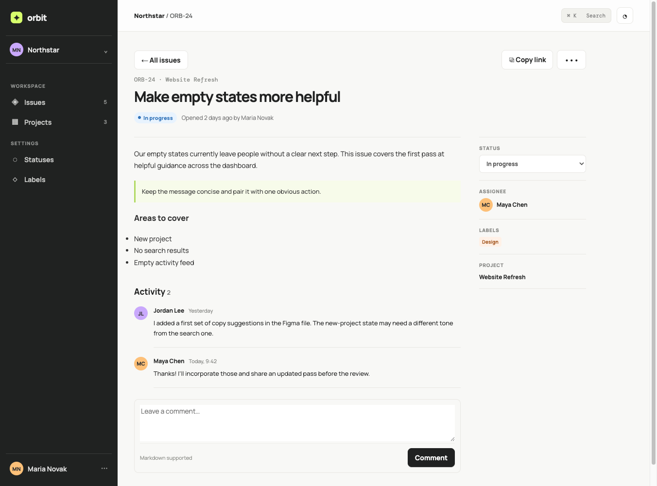 Terra high issue detail page with dark navigation, comments and side properties.