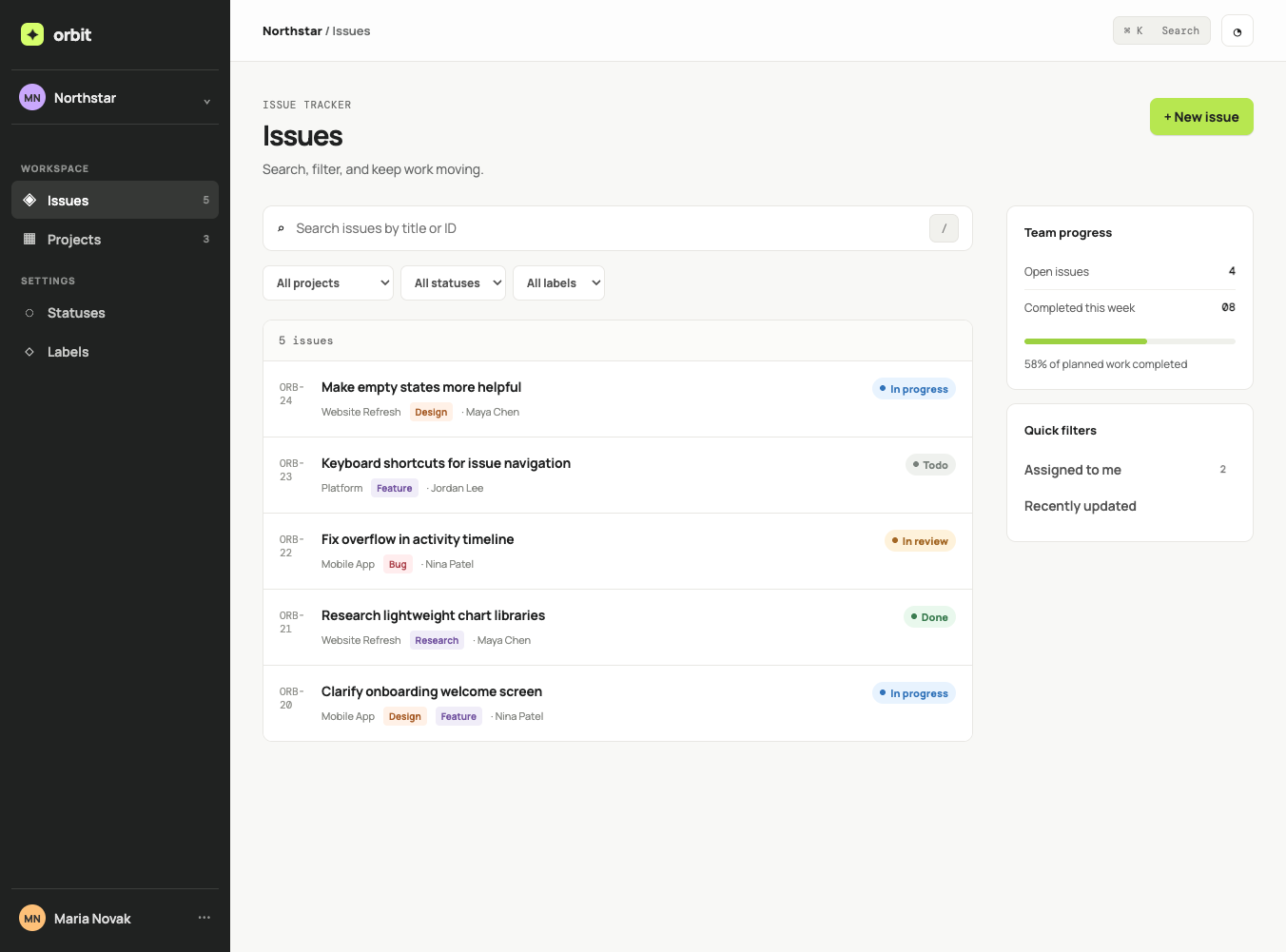 Terra at high reasoning: a compact issue tracker with dark navigation, green accents and a task-progress side panel.