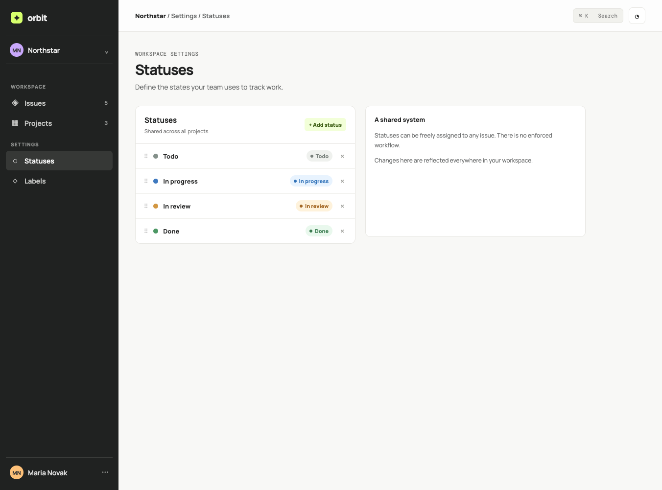 Terra high status settings page with grouped statuses and an adjacent explanatory panel.