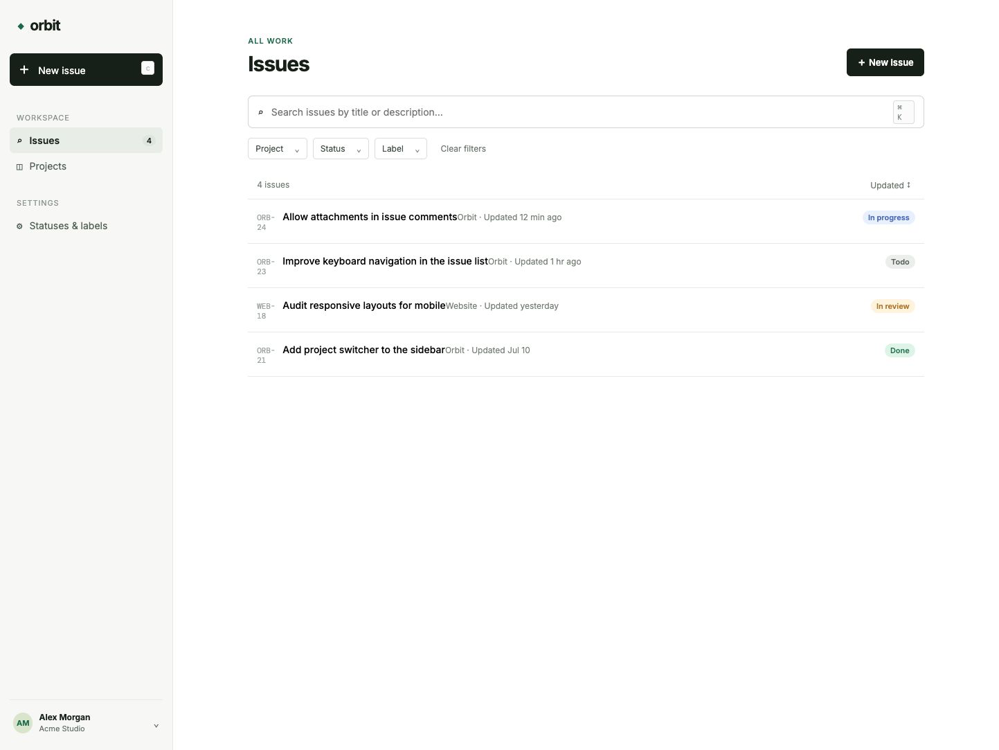 Terra at low reasoning: a light issue list with a simple left navigation and green accents.